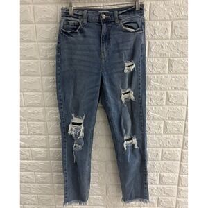 CELLO WOMENS JEANS SIZE 5 MEDIUM WASH DISTRESSED RAW HEM HIGH RISE STRAIGHT‎